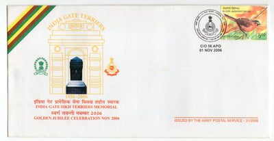 India 2006 India Gate Sikh Terriers Memorial Sikhism Military Coat of Arms APO Cover + Brochure # 18493