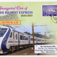 India 2023 Vande Bharat Express Rath Yatra Label Puri to Howrah Bridge Train Locomotive Special Cover # 7115