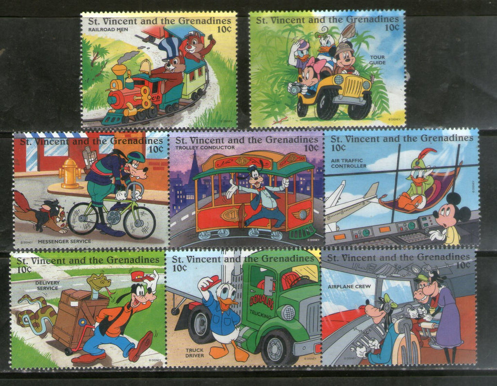 St. Vincent 1996 Transport Workers Railway Mickey Donald Goofy Disney Cartoon Cinema 9v MNH # 738