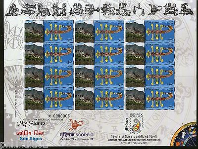 India 2011 My Stamp Sun Sign Scorpio Phyang Monastery Buddhist Site Sheetlet MNH