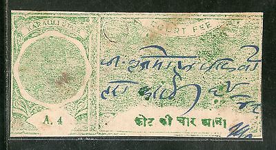 India Fiscal Karauli State 4 As King Type 20 KM 365 Revenue Stamp # 3529