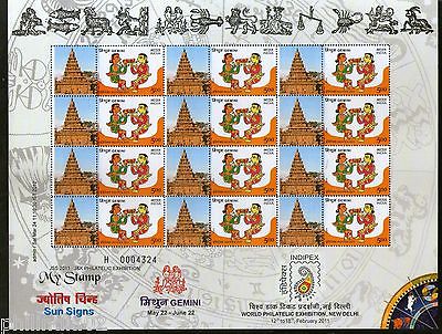 India 2011 My Stamp Sun Sign Gemini Mahabalipuram Temple UNESCO Site Sheetlet MN