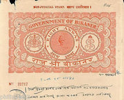 India Fiscal Bikaner State 8As King Portrait Stamp Paper Type 80 KM 806 # 10903C