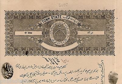 India Fiscal Tonk State 2 As Coat of Arms Stamp Paper TYPE 35 KM 352 # 10937D