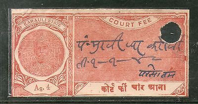 India Fiscal Karauli State 4 As King Type 20 KM 354 Revenue Stamp # 3925