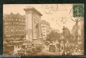 France 1920 PARIS - St. Denis Boulevard and Gate Cars Tram View Card to India